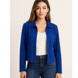 Briggs Petite Cobalt Blue Faux Suede Brushed Zip Up Blazer Jacket Womens Sz 14P